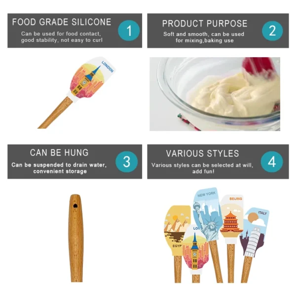 OEM Printing Cake Tools Full Printing Silicone Spatula With Wooden Handle Design - 图片 6