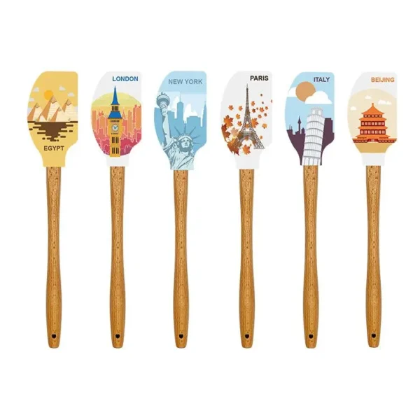 OEM Printing Cake Tools Full Printing Silicone Spatula With Wooden Handle Design