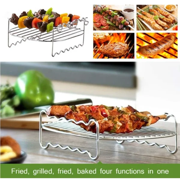 Food Grade 7/8/9 Inches 304 Stainless Steel Double Layer Air Fryer Accessories Rack With Skewers - 图片 5