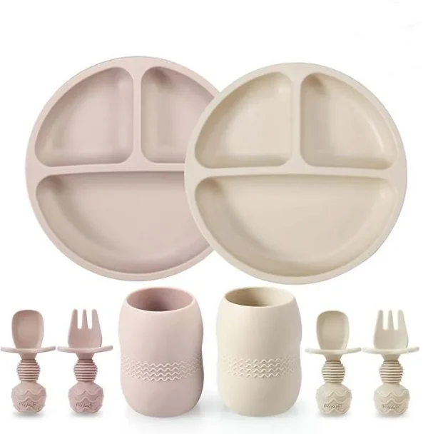 Silicone Baby Feeding Set BPA Free Divided Plate Bowl Drinking Cup With Fork and Spoon Food Grade Baby Tableware Set Customize