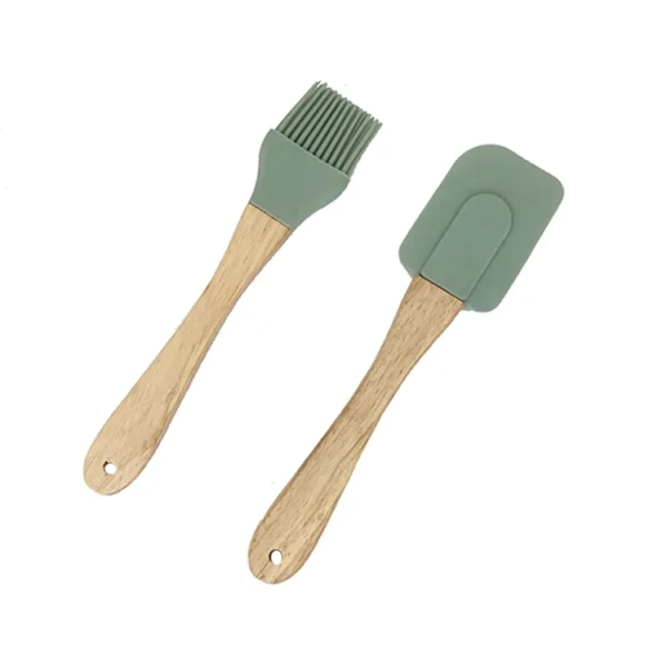 Premium Heat Resistant Easy to Clean Food Grade Personalized Kitchen Turner Silicone Spatula and Brush Set With Wooden Handle