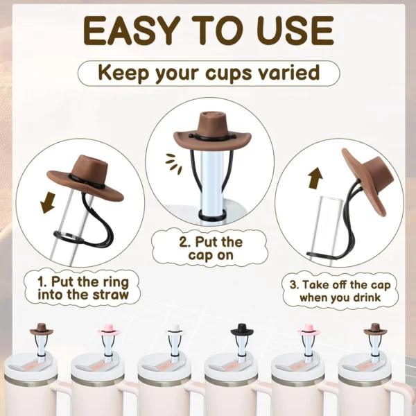 0.8mm Silicone Cowboy Hat Straw Covers Cap Reusable Dustproof Fits Stan Cup Tumbler Cup Accessories Straw Toppers BPA Free - 图片 3