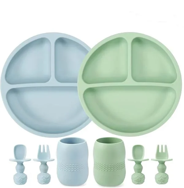 Silicone Baby Feeding Set BPA Free Divided Plate Bowl Drinking Cup With Fork and Spoon Food Grade Baby Tableware Set Customize - Image 2